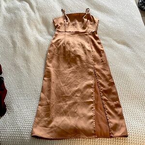NWT forever 21 silky tan/ gold satin dress with front slit